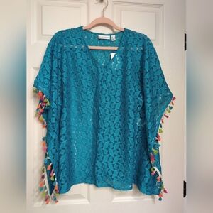 Susan Graver Blue Lace Poncho with Colorful Tassels XS